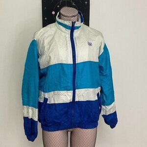 Vintage Womens Zip Front Olympic Windbreaker Jacket Long Sleeve Size M Blue
